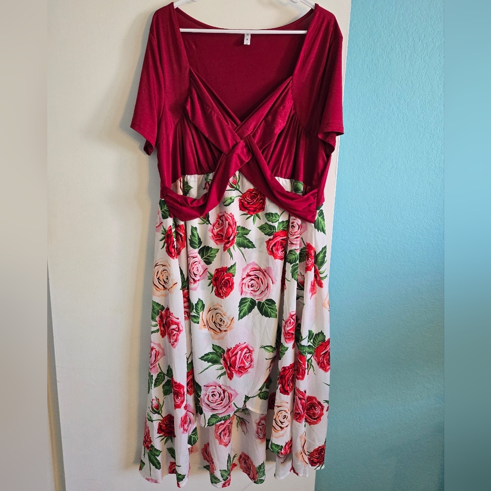 Rosegal Red & White Tiered Wrap Rose Dress Size 4X